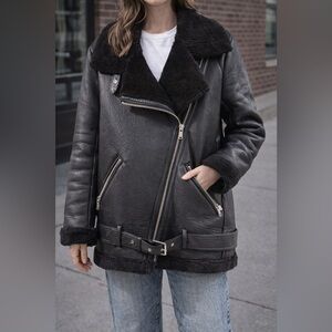 Zara Black Leather Jacket with Shearling Trim